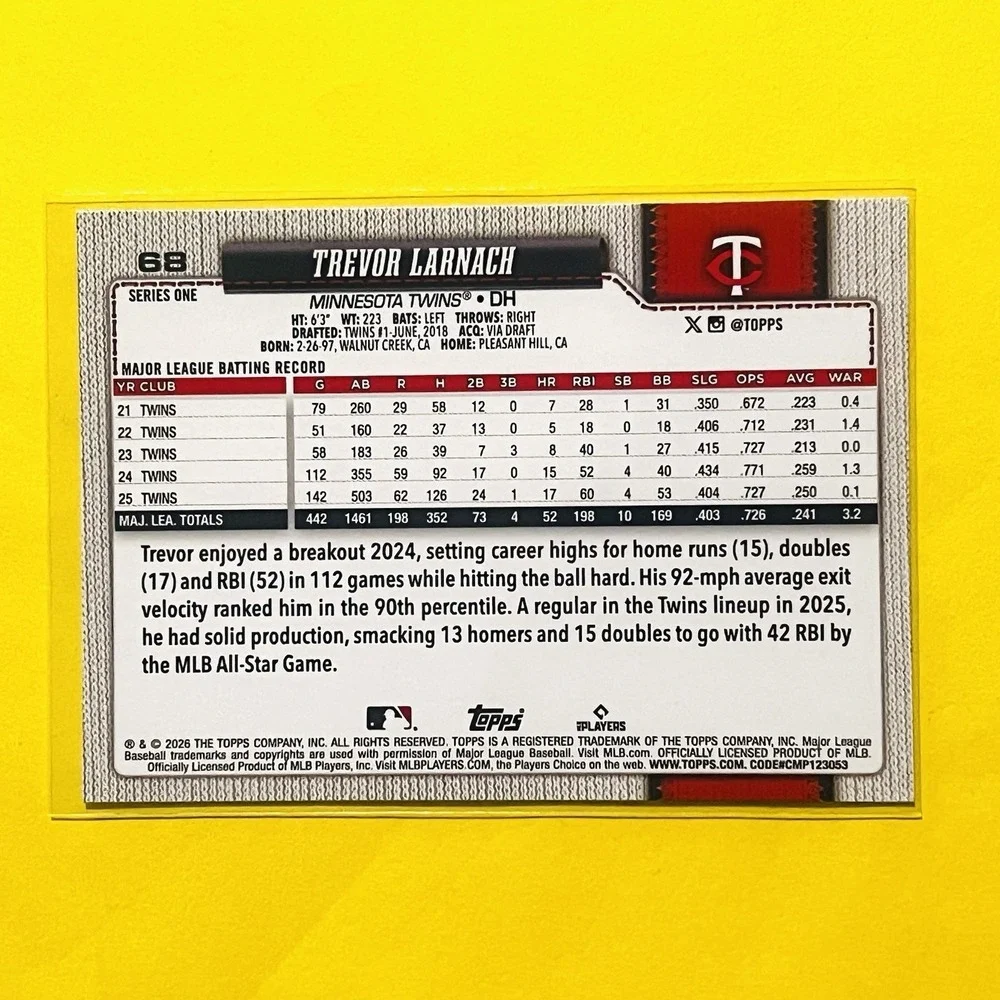 2026 Topps Series‎ 1 Trevor Larnach #68 Spring Training    Minnesota Twins